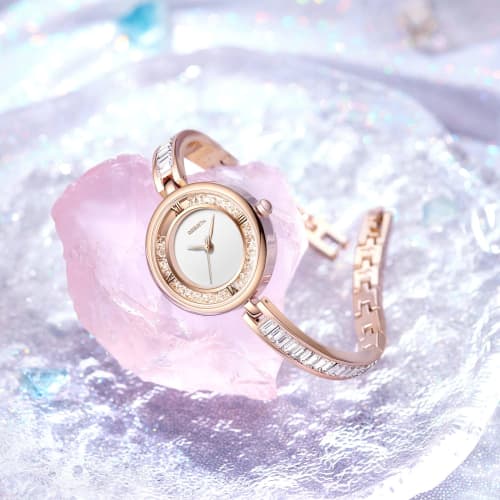 Women's Crystal Bracelet Bangle Watch with Analog Display, Diamonds, Roman Alphabet, and Sparkling Design. Cute, Stylish, and Simple Rose Gold Fashion