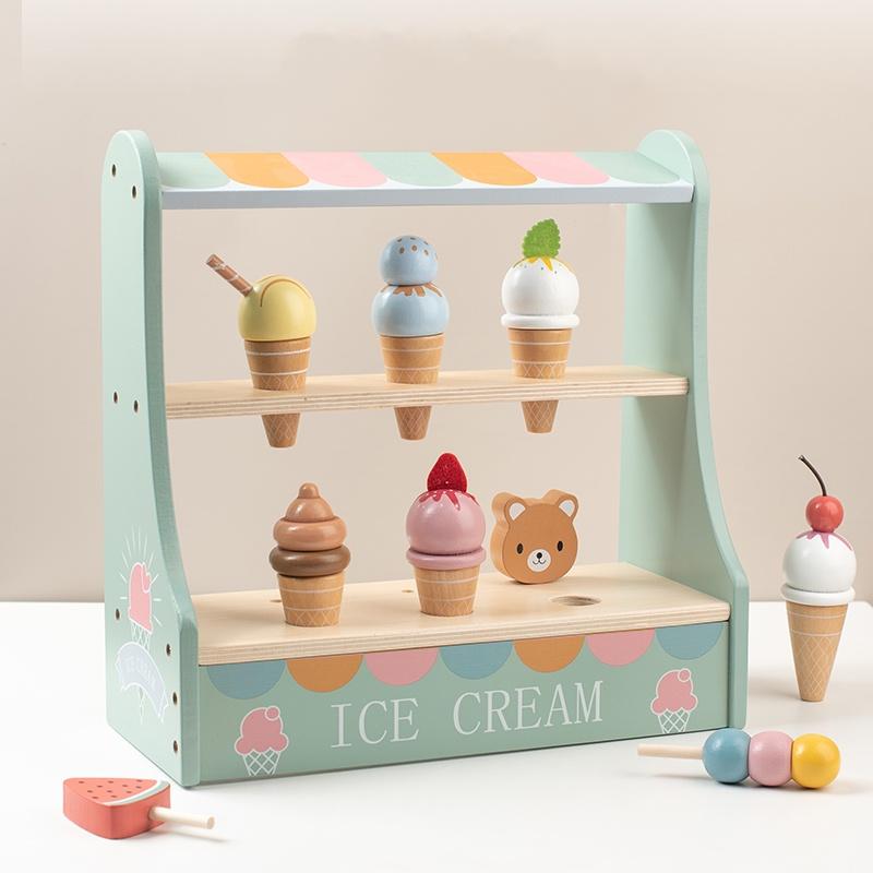 Wooden Ice Cream Counter Playset for Toddler Toy Montessori Kitchen Pretend Play Toy Kitchen Accessories Kids Role Playing Games