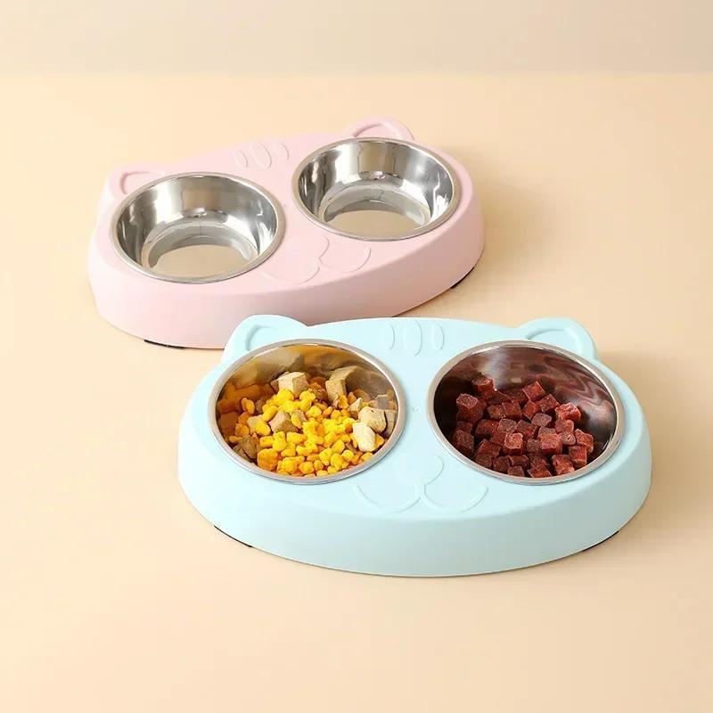 Pet Double Bowl Plastic Kitten Cat Food Drinking Tray Feeder Cat Feeding Pet Supplies Accessories