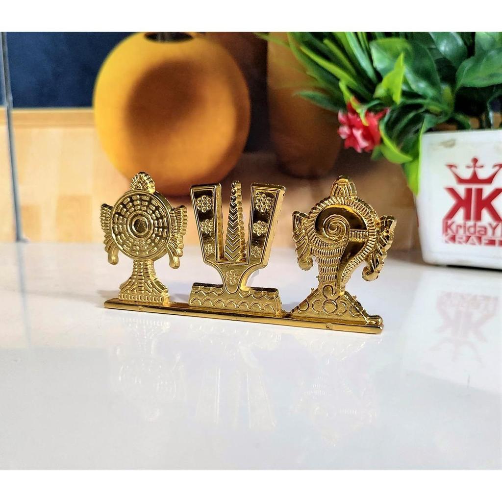 Tirupati Balaji Symbol Stand Shankh Chakra Namah Golden Antique Decorative for Car Dashboard Home & Office Table Showpiece Figurines,