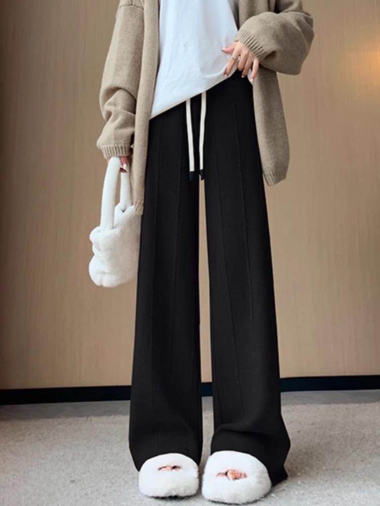 Dámské bílé kalhoty s vysokým pasem a širokými nohavicemi - Slim-fit, volné a zateplené pro podzim a zimu