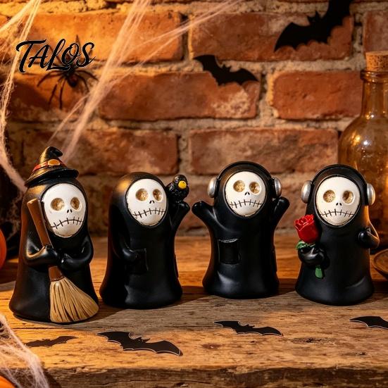 Gothic Style Birthday Gifts Halloween Ghost Figurine, Spooky Black Robe Statue, Cute Home Decor for Living Room Skull Resin Ornament Tabletop