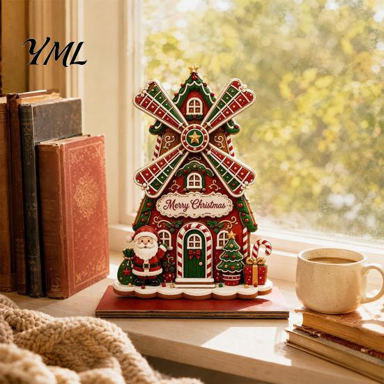 Wooden Holiday Tabletop Ornaments Christmas Windmill Ornament, 2D Rotating Decoration, Santa Gift for Family Centerpiece Table Mantel Shelf