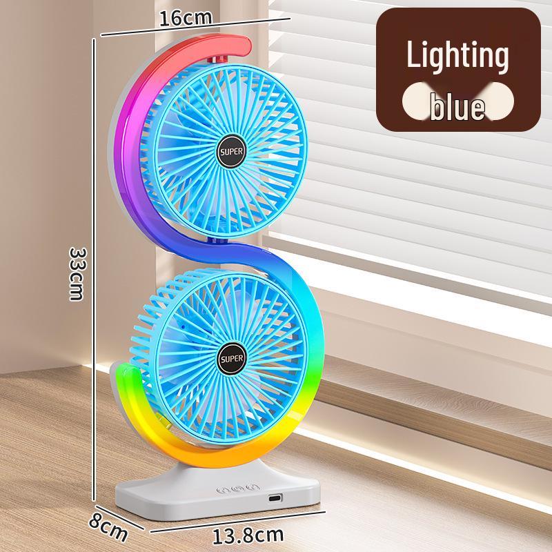 Portable Dual-Head Desktop Fan with Seven-Color LED, Strong Wind, USB Rechargeable for Outdoor and Dormitory Use