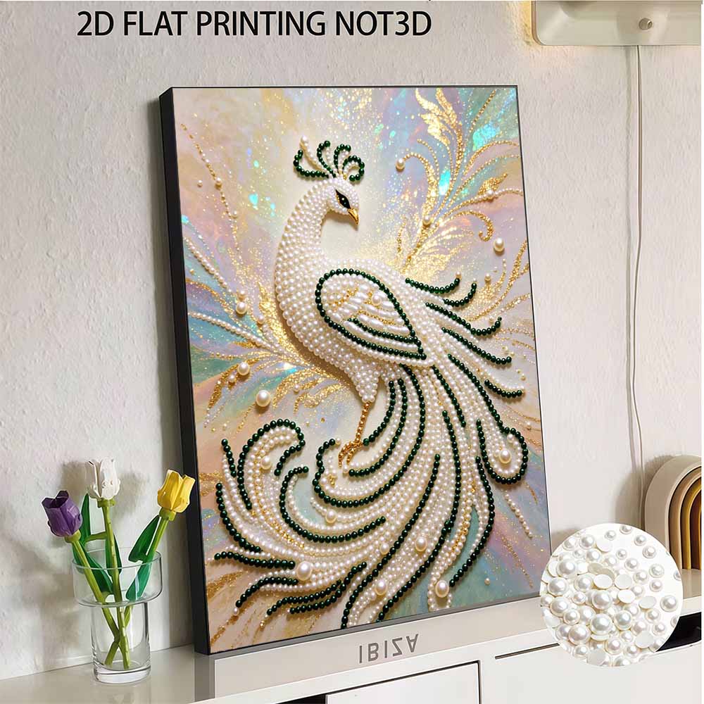 5D Round Pearl Painting Kit Elegant White Peacock Pattern DIY Handmade Crystal Artist Home Interior Decor Gift