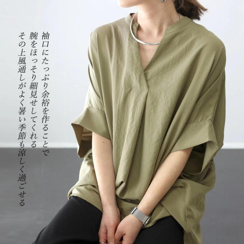 Japanese Style Summer V Neck Loose Solid Color Shirt 6 Colors