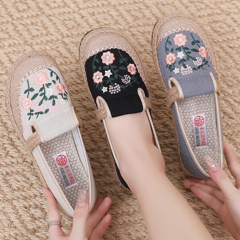 Plátěné boty dámské prodyšné lněné líné boty s měkkou podrážkou boty pro maminky retro dámské jednoboty