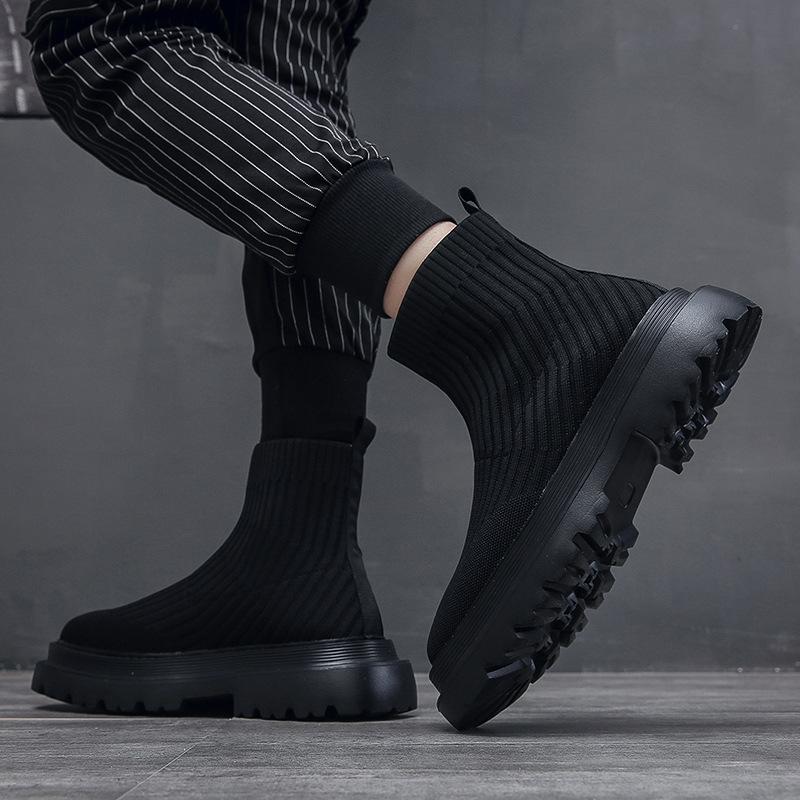 Fashion fried street men's breathable black knitted short boots fluorescent green thick-soled soft-soled personalized eye-catching trendy men's shoes