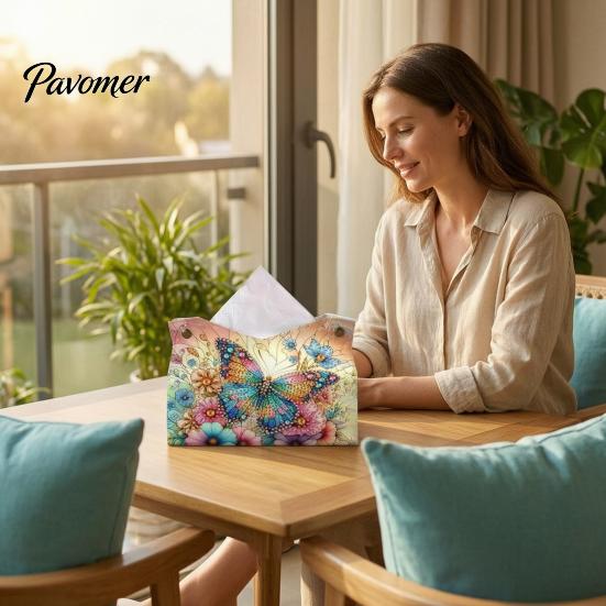 Set Pittura con Gemme Fatto a Mano Fai da Te Diamond Painting Scatola Portatovaglioli in Tessuto, Portapenne in Pelle per Desktop Rilassante, Artigianato Ricamo con Strass 5D