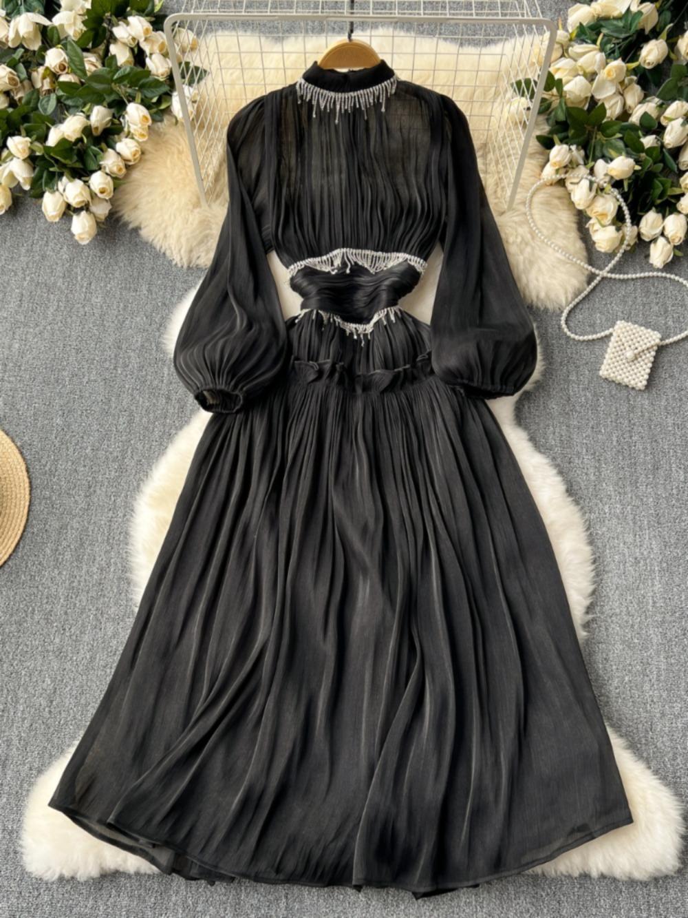 

Новое элегантное платье с воротником-стойкой и рукавом-фонариком Mujer, облегающее платье с рюшами и большими качелями, тяжелый халат с кисточками и цепочкой, платье Moda во французском стиле XXL чёрный