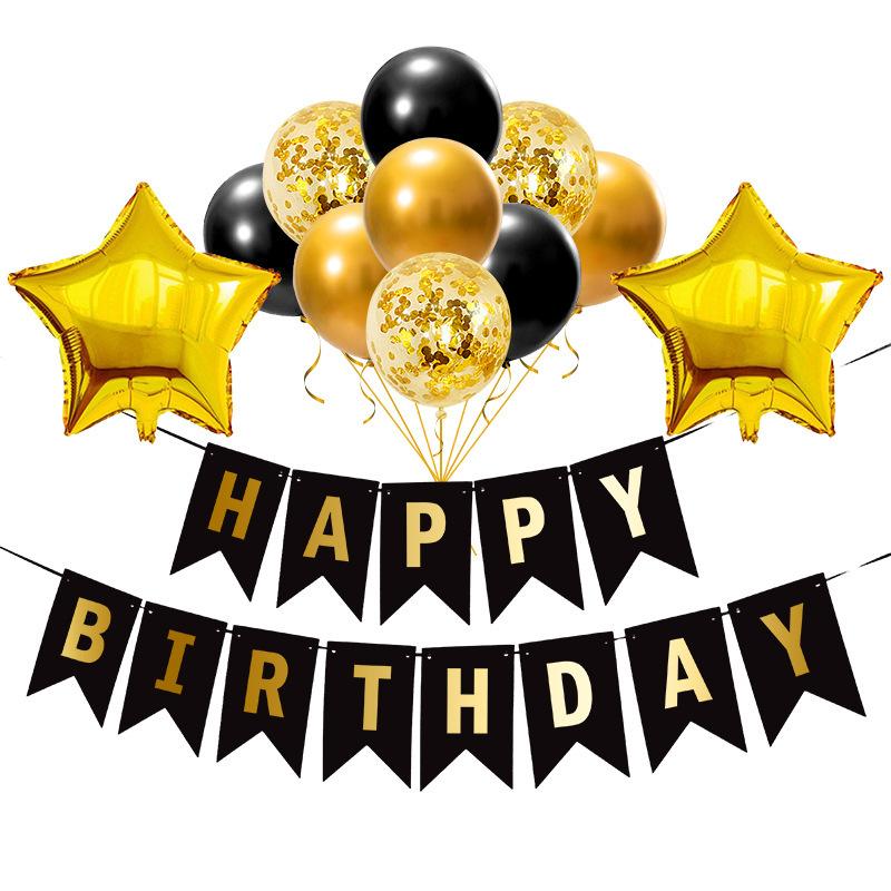 Birthday Flag Balloon Set Black Gold Bronzing Flag Pentagram Sequined Ball Crown Party Decoration