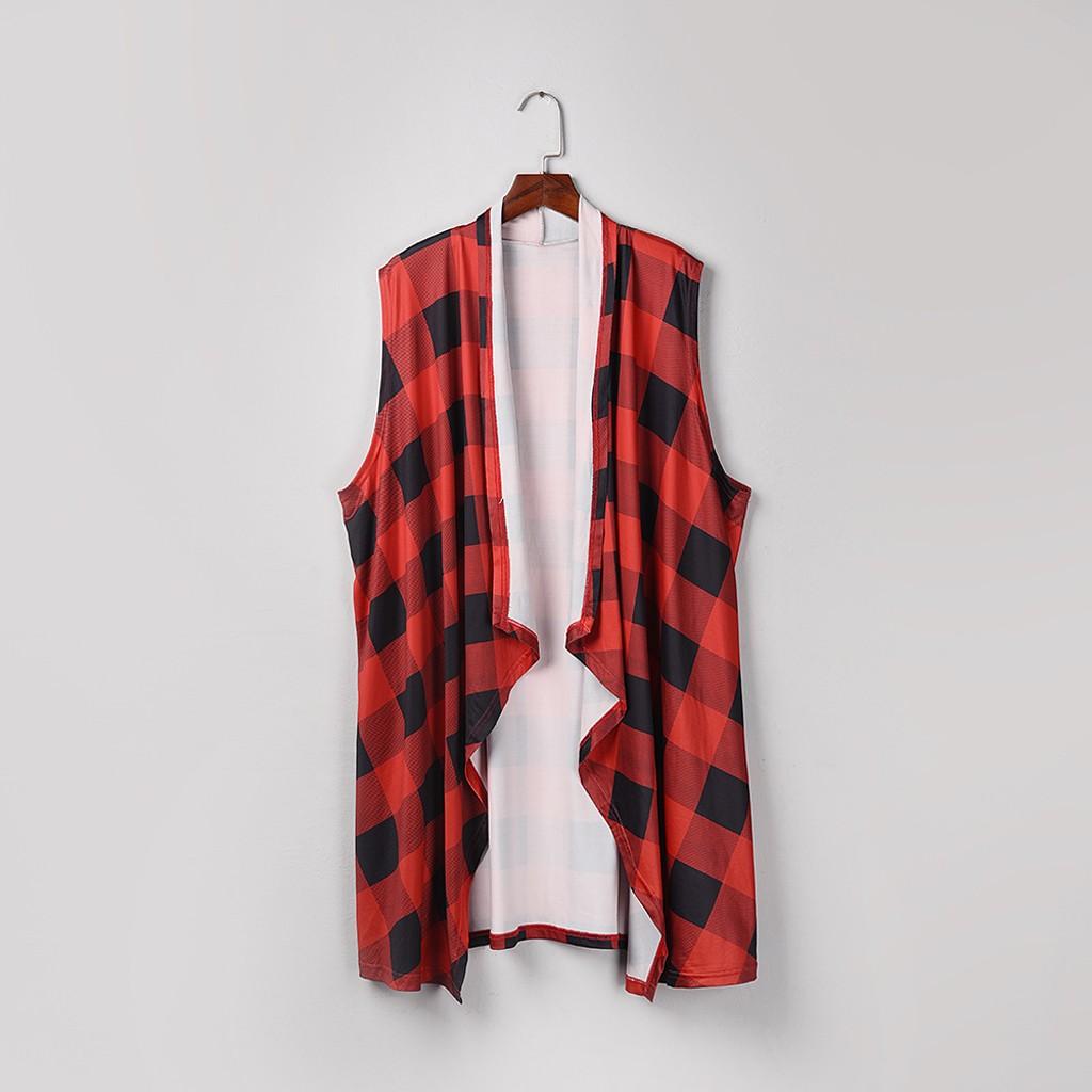 Womens Plaid Open Front Cardigan Sleeveless Pockets Drape Lightweight Vest Coat