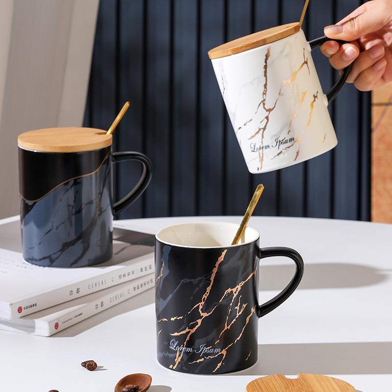Nordic Ceramic Cup with Lid Spoon Marble Textured Large Capacity Mug Creative Personality Ins Office Water Cup