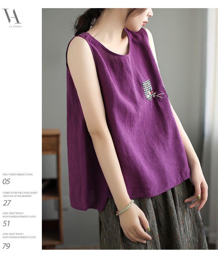 Women's Oversize Cotton-Linen Camisole Vest - Retro Sleeveless Solid Color Summer Top