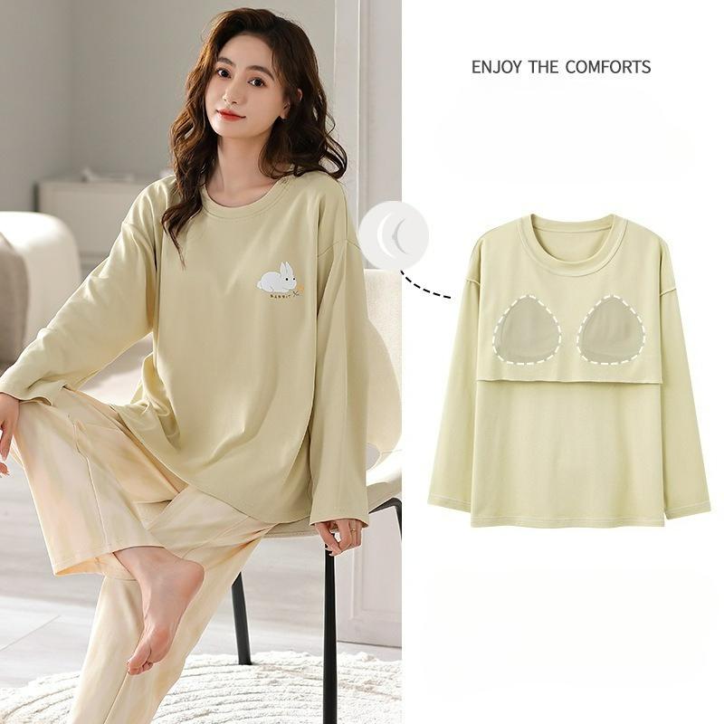 Pajamas with Chest Pads, Women's Spring and Autumn Long-sleeved Cotton Round Neck, Loose, Comfortable and Casual, Can Be Worn Outside Home Service