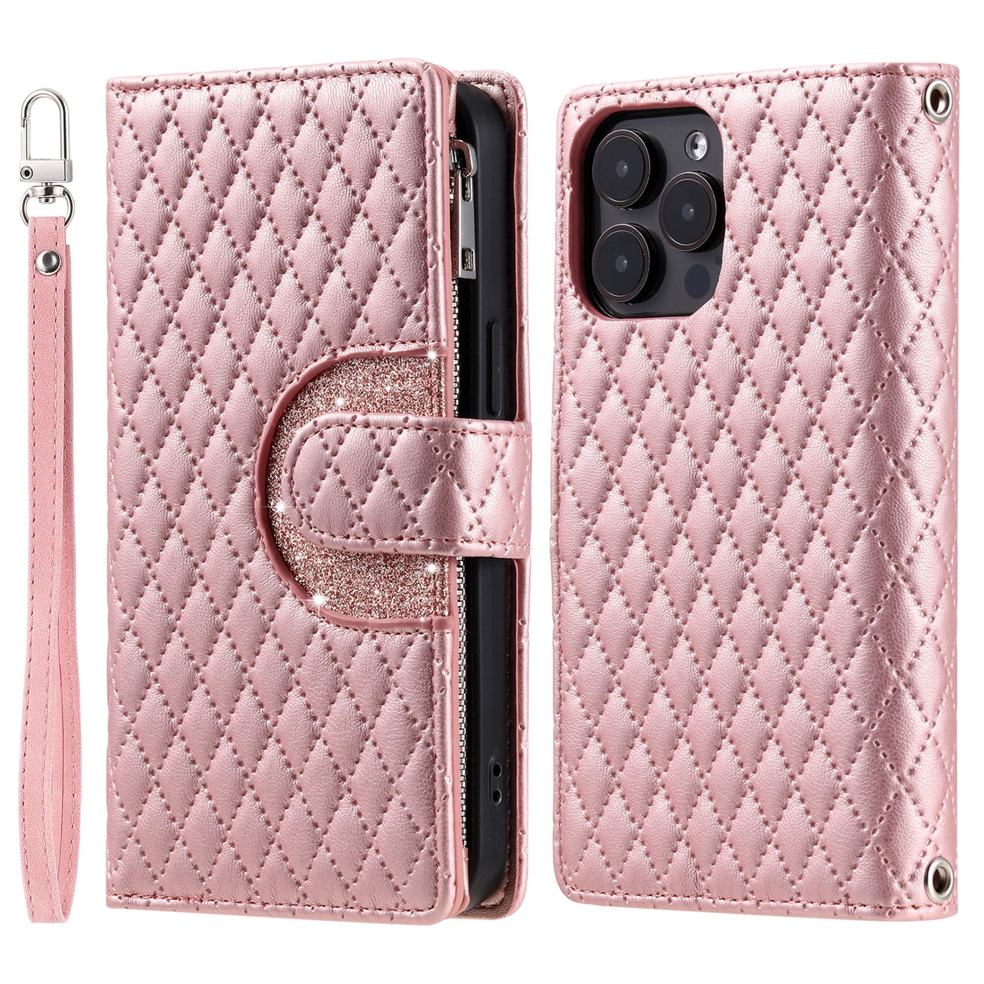 

For iPhone 16 Pro Case Zipper Wallet PU Leather Rhombus Grid Phone Cover Rose Gold