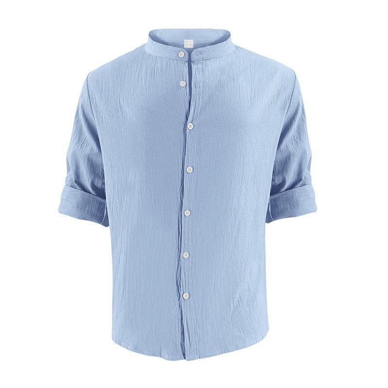 Cotton Linen Hot Sale Men's Long-Sleeved Shirts Summer Solid Color Stand-Up Collar Casual Beach Style Plus Size