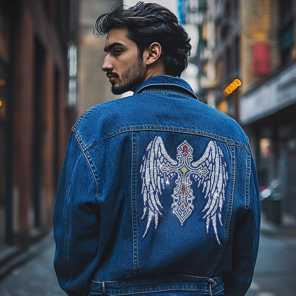 White Rhinestone Iron On Transfer Cross Wings Bling Diamond Hotfix Patches for Clothes, Large Iron On Sequin Applique for Jeans Jacket Caps Bag