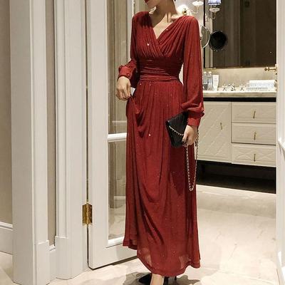 Párty vílí šaty Podzimní móda Luxusní Zlatá fólie Třpytivé Výstřih do V Sexy Dlouhá sukně Dámské