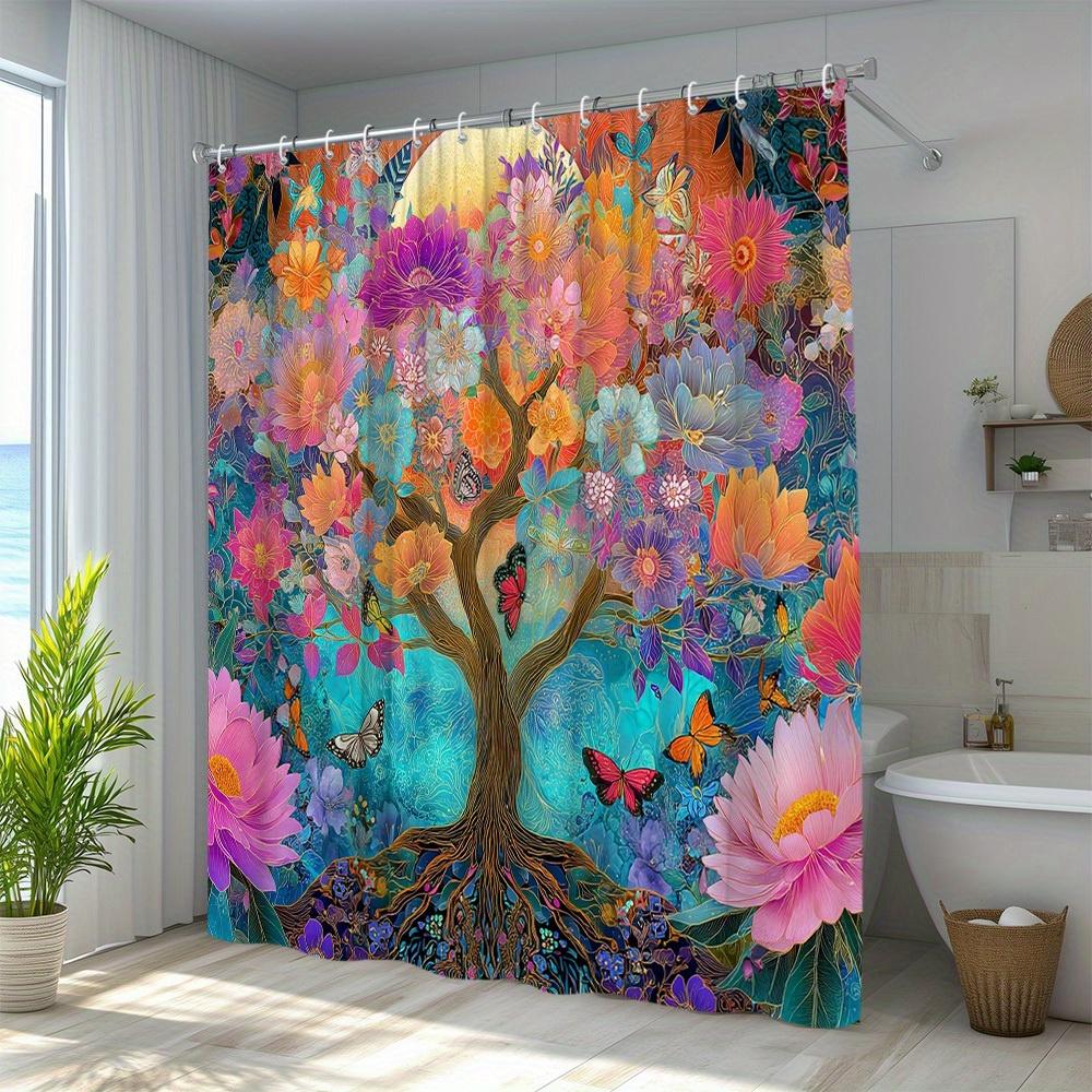 Enchanting Tree Of Life Shower Curtain - Vibrant Butterfly & Flower Design For Modern Bathroom Dcor, Waterproof & Easy Care