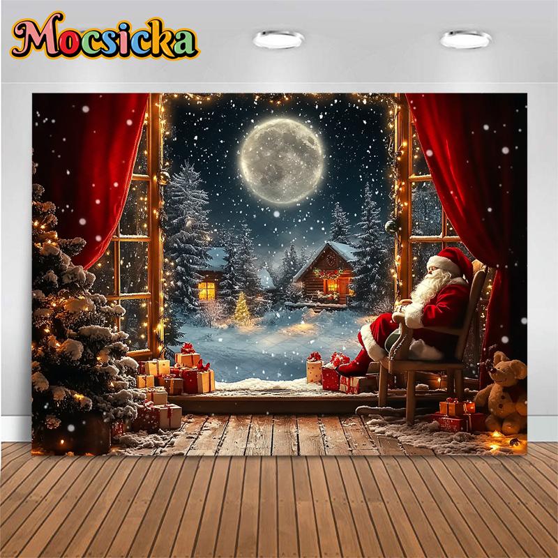 Mocsicka Christmas Santa Claus Photography Backdrop Snowy Cabin Night Window Moon Party Photo Background Tapestry Wall Hanging Fabric-180x110cm