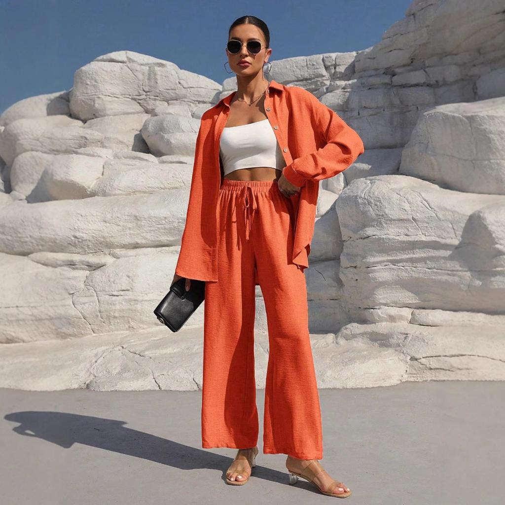 Beach Vacation Solid Color Loose Casual Shirt Skirt Two-piece Suit Women Spring and Summer