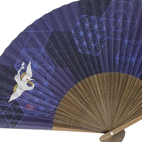 Kimono Folding Carved Karaki Navy Blue with Crane Design [Stylish Iroha] Men's Fan, Wood, Scented,