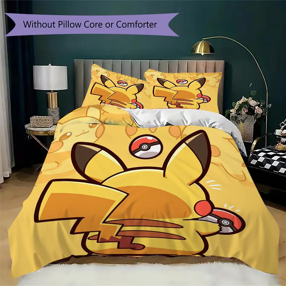 pokemon Pattern Bedding uilt Set uilt Cover Pillowcase Home Decoration Birthday Gift (1 * duvet cover + 2 * pillowcase without core)