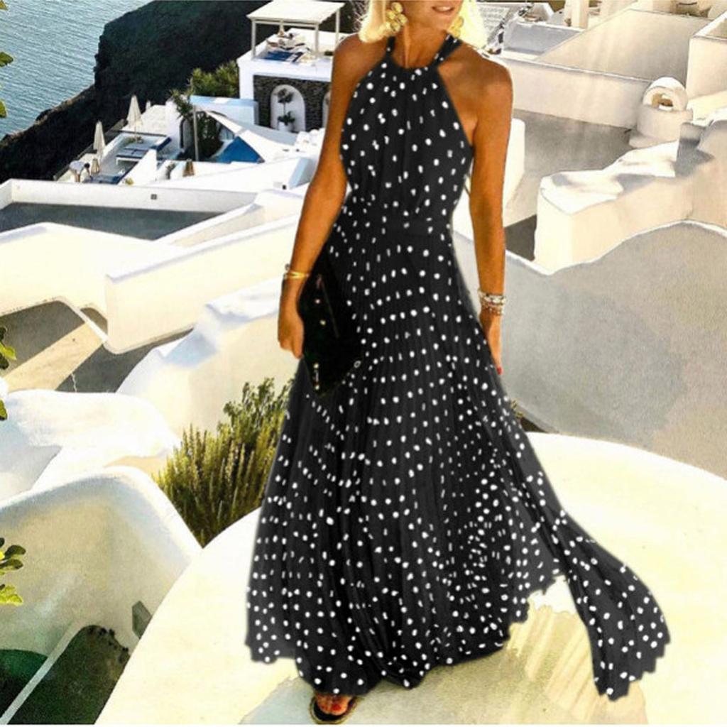 Fashion Women's Bohemian Print Round-Neck Mid-length Sleeveless Leisure Dresses