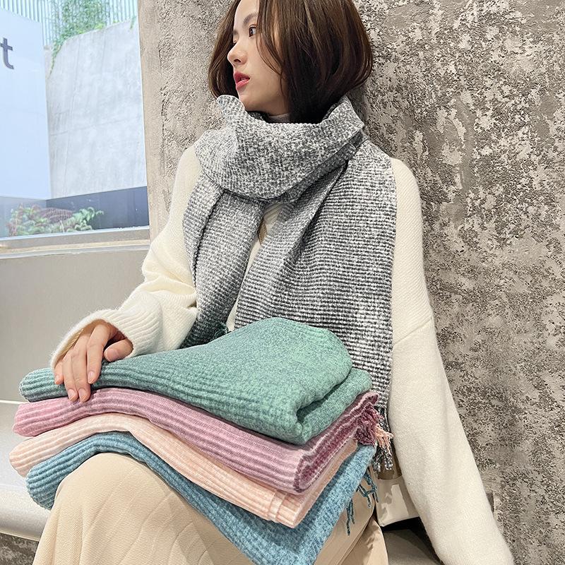Imitation Cashmere Scarf Autumn and Winter Solid Color Crepe Gradual Change Medium and Long Warm Scarf Sweet Fashion Fringed Shawl