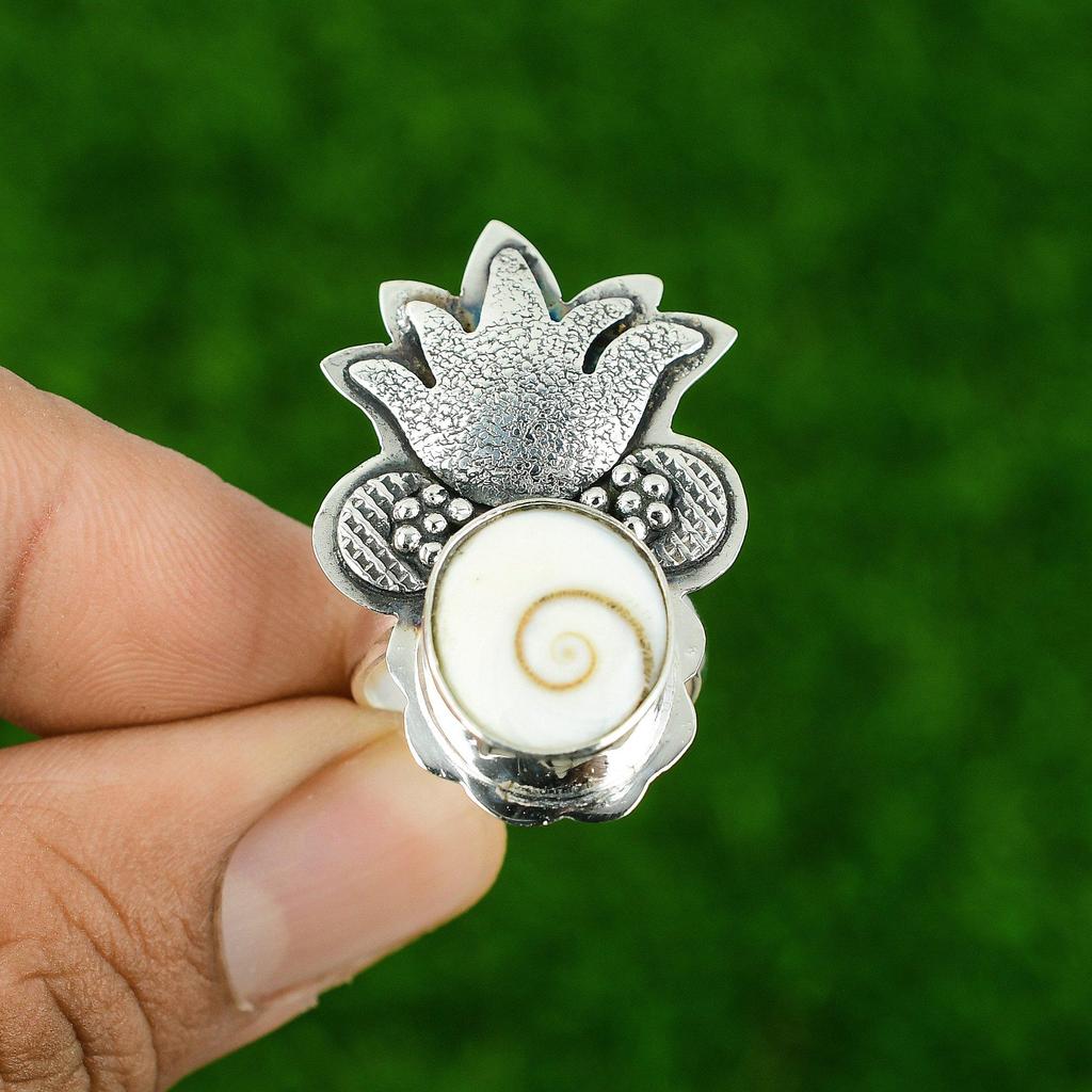 Natural Shiva Eye Shell Mother Bezel Solitaire Wedding Ethnic Ring 925 Silver