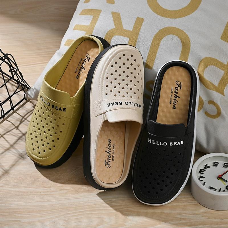 נעלי בית מבד דמוי עור, מונעות החלקה, עם סוליה עבה, לנשים בגיל הביניים: עקב בינוני ולבוש חוץ