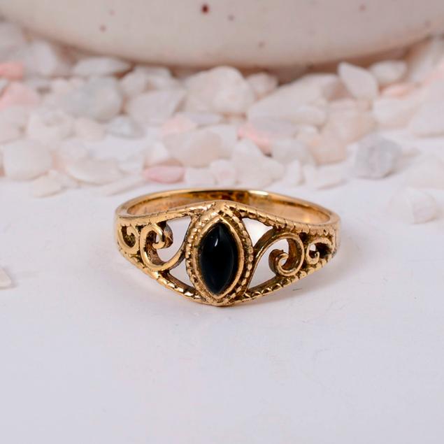 

Black Onyx Gold Plated Filigree Ring | Vintage Marquise Brass Jewelry | Protection Stone Gift for Her 12 золотий