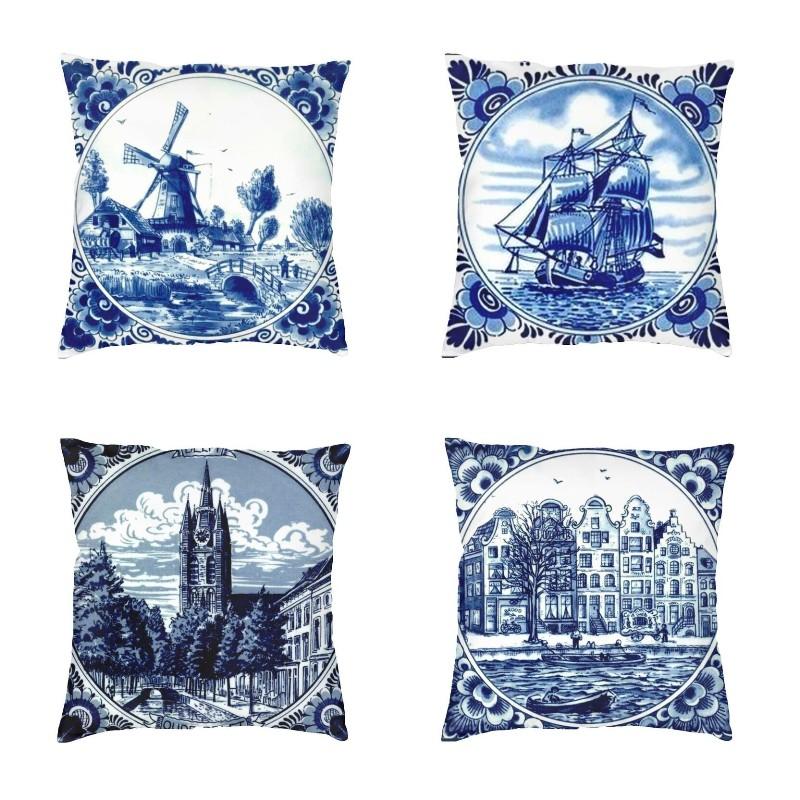 Lu Xika Chen Unisex Blue Dutch Delft Cushion Cover 40X40cm Vintage Windmill And Bridge Art Pillow Case For Sofa Square Pillowcase Home Decorative