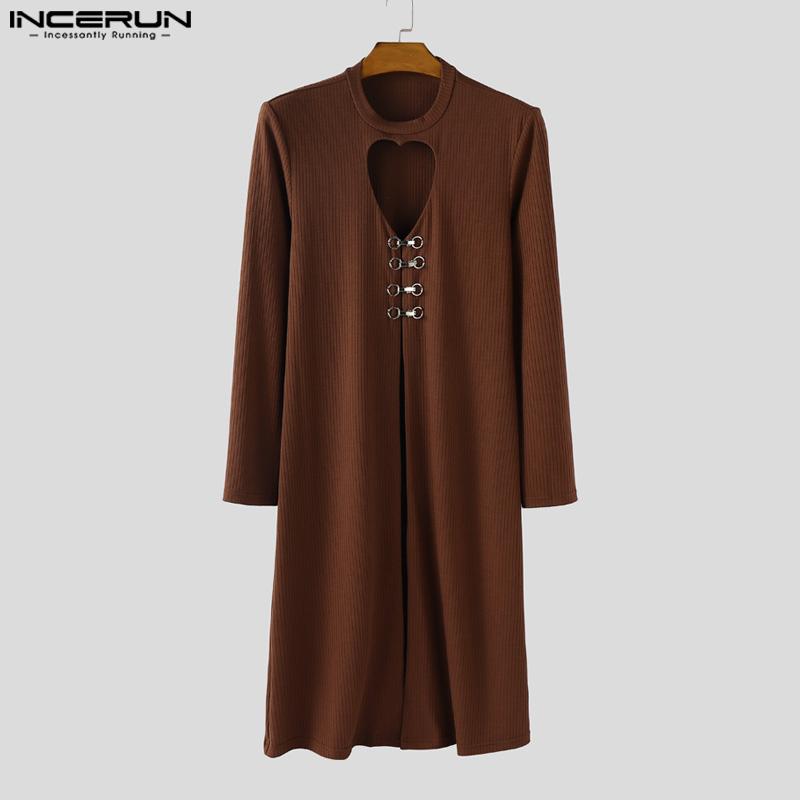 INCERUN Autumn Men Long Sleeve Cutout High Splits Ribbed Tunic Tops Pullovers
