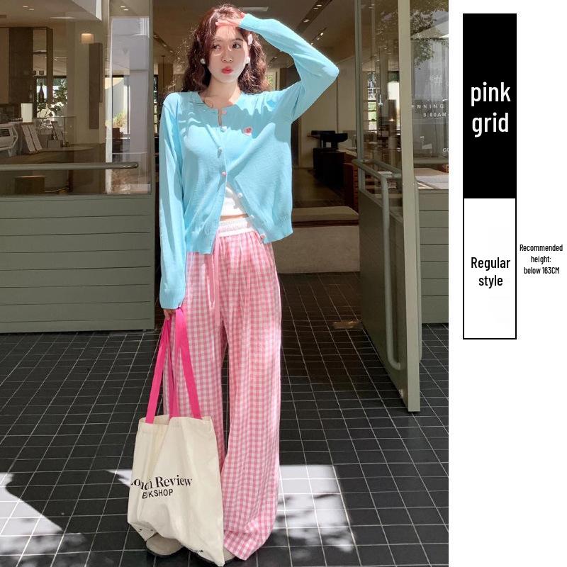 

Chanlan Women’s Pink Plaid High Waist Wide-Leg Pants - Spring/Autumn 2025 Casual Style Small