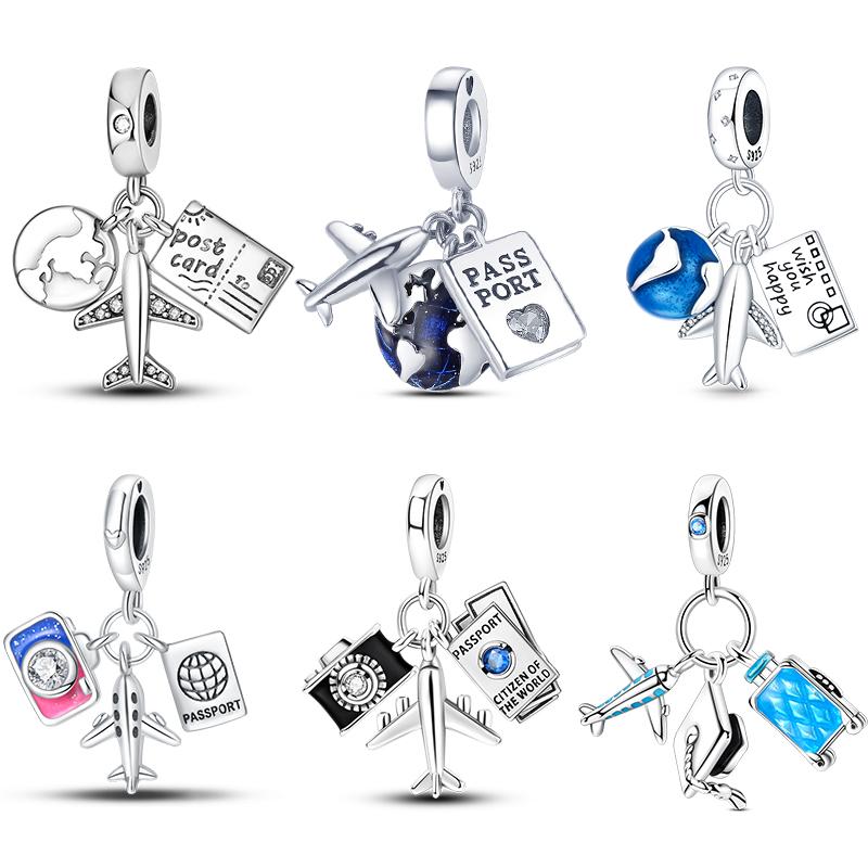 Fit Original Copper Charm Beads Airplane Camera Earth Travel Charms Pendant Safety Chain For Woman Fine Diy Jewelry