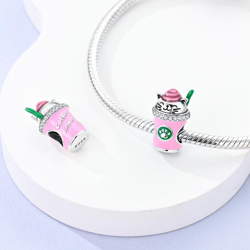 Original Charms Copper Pink Cute Cat Coffee Cup Beads Fit Charms Plata Bracelets For Women Women Jewelry Making Diy