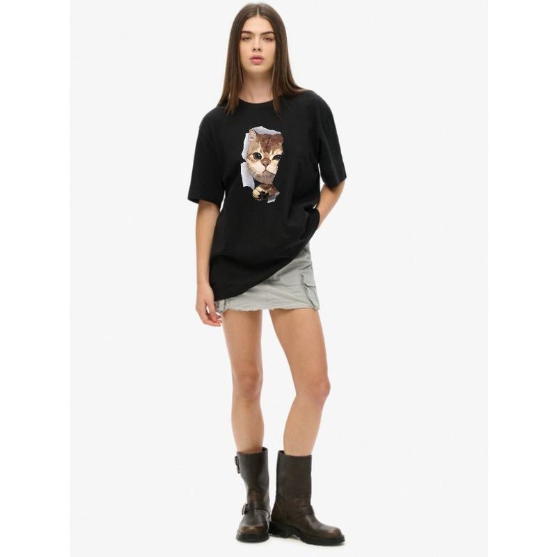 Oversized T Shirt Black Cat Face Print And Paw Design Casual Wear For Women