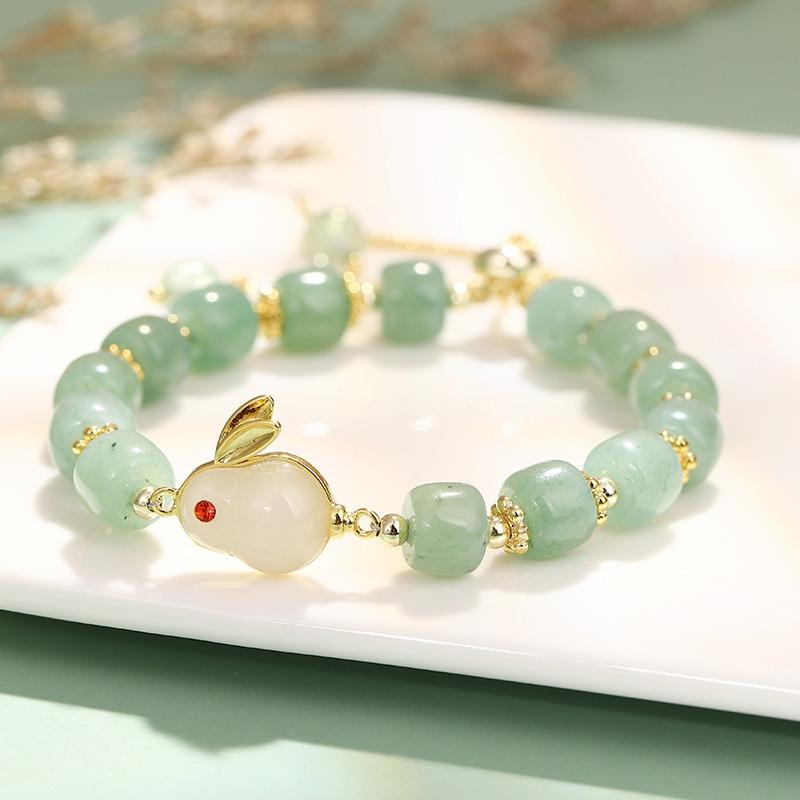 Women S Rabbit Bracelet Gold Plated Jade Bead Chinese Style Handmade Gift