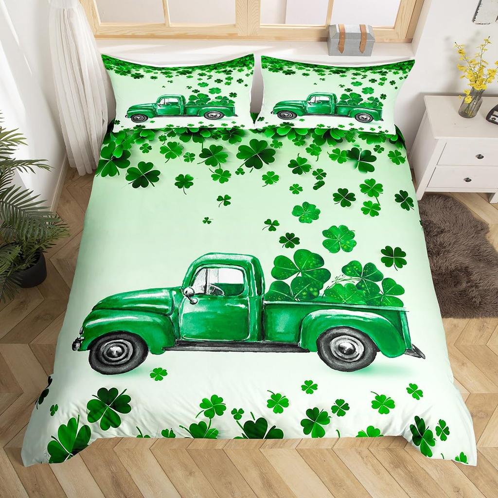 St. Patrick's Day Duvet Cover Queen Cartoon Green Clover Leaves Quilt Cover Holiday Spring Lucky Theme Bedding Set for Dorm Room