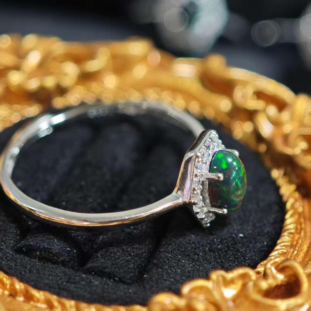 S925 Sterling Silver Hexagonal Black Opal Ring with Zirconia Accents - Bestseller Fire Opal Jewelry