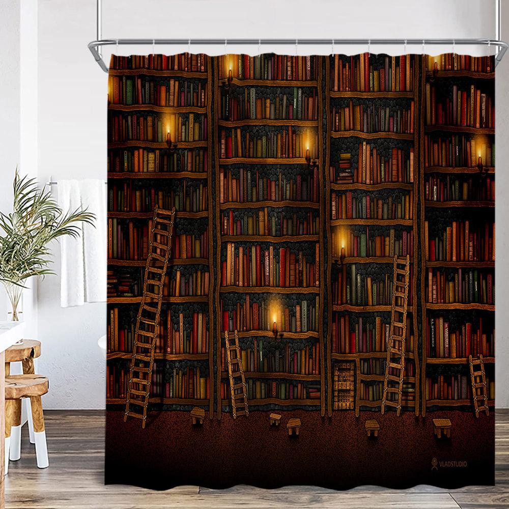Vintage-Bücherregal-Duschvorhang, Bücherregal, Bücher, Retro-Arbeitszimmer, Badezimmerdekor, Zaubererzimmer, Polyester-Badewannenvorhang