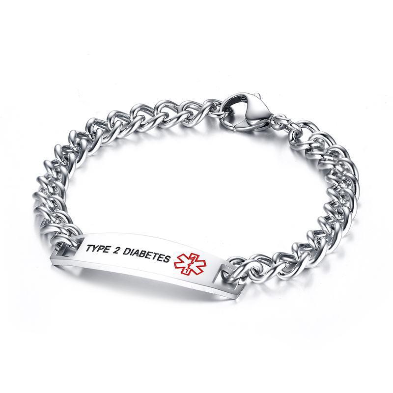 Surgical Stainless Steel Chain Medical Alert ID Bracelets Type 2 Diabetes Medical Bracelet for Women and Men