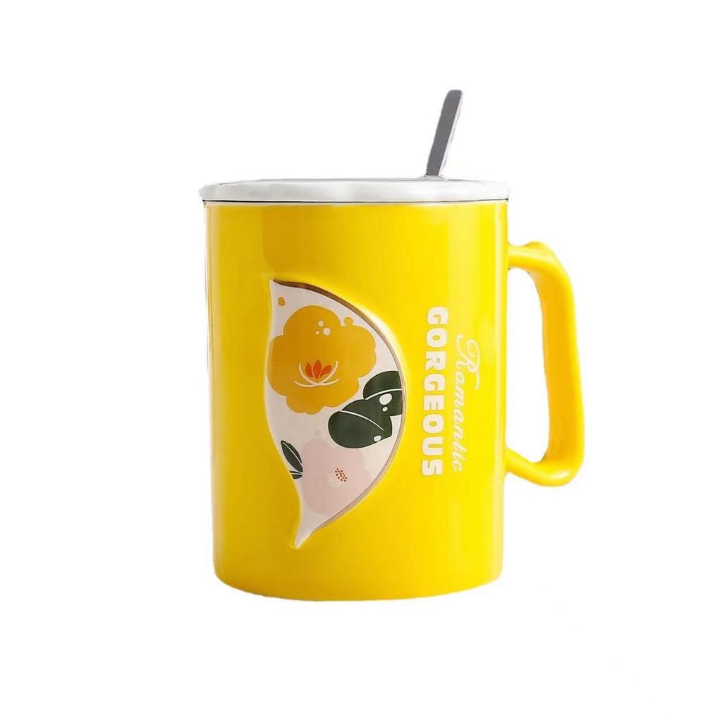 Kreative Geprägte Wunderschöne Romantische Blume und Blatt Keramiktasse mit Deckel Löffel Büro Zuhause Kaffee Milch Tasse Begleiter Geschenk Tasse