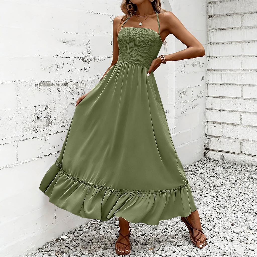 Women Neck Maxi Dress Sleeveless Solid Loose Fit Flowy Skirt Casual Sundress with Ruffled Hem Design