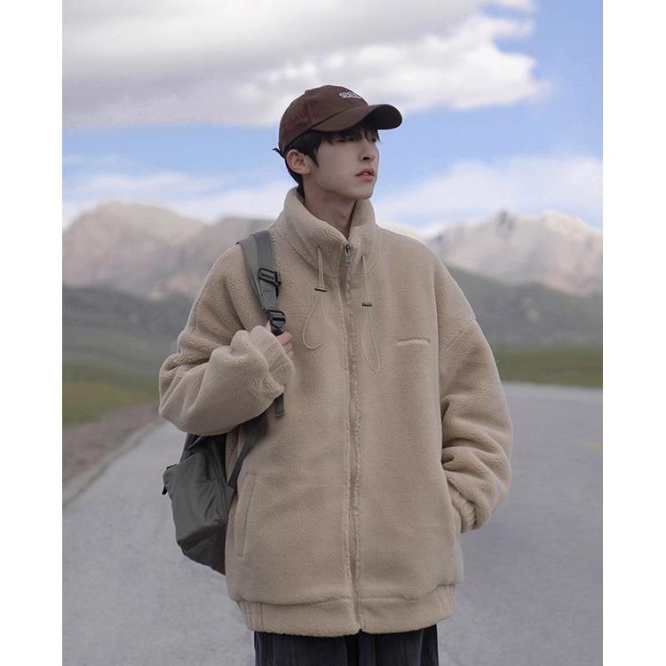 Men's Thickened Cotton-Padded Fleece Jacket, Stand Collar, Loose Fit, Warm Outerwear for Fall/Winter Students.