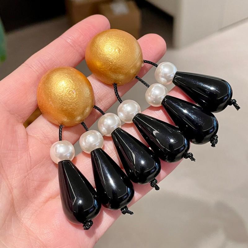 

European-American Trend Gold Half-Round Sapanwood Bead Earrings - Retro Black Water Drop Accessory