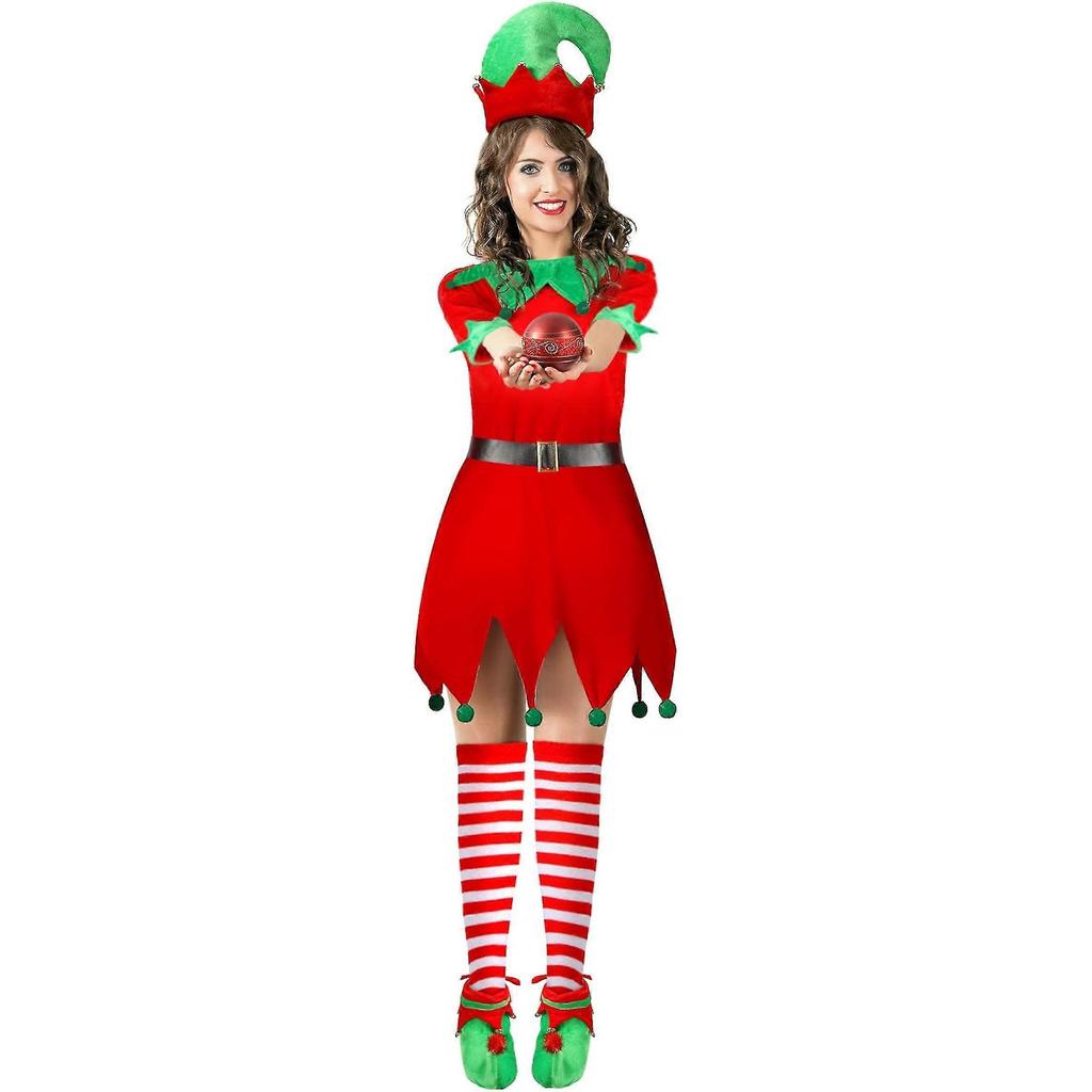 Girls Women Christmas Elf Costume Set Santa's Helper Costume Xmas Festive Outfit With Elf Hat Shoes Belt Striped Stockings