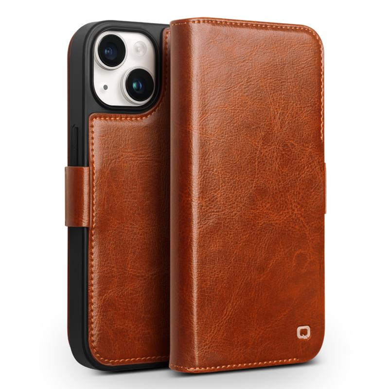 QIALINO Genuine Cow Leather+TPU Phone Case for iPhone 15 Plus Magnetic Closure Shockproof Phone Cover